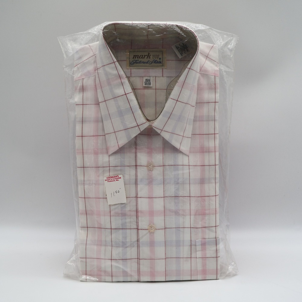 Mark VII Dress Shirt Mens 15.5 32/33 Vintage Plaid Tailored White Red Blue NEW